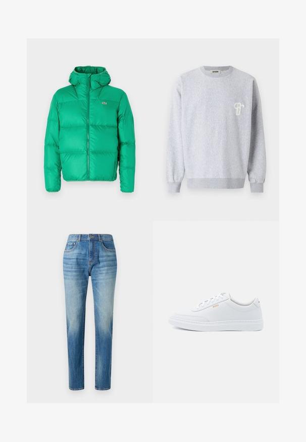 Grüne Pufferjacke mit Kapuze, ausgestattet mit einem Reißverschluss, gesteppter Optik und dem Markenzeichen auf der linken Brust. Glattes, glänzendes Material.; DRYKORN NIELO - Sweatshirt - grey; Hellblaue Denim-Jeans im geraden Schnitt, mit hoher Taille, subtiler Auswaschung und klassischem Fünf-Taschen-Design. Metallknopfverschluss.; Weiße Leder-Sneaker mit glatter Textur, runder Zehenpartie und tonal abgestepptem Design. Mit blauen Schnürsenkeln und einem goldenen Logo an der Seite.