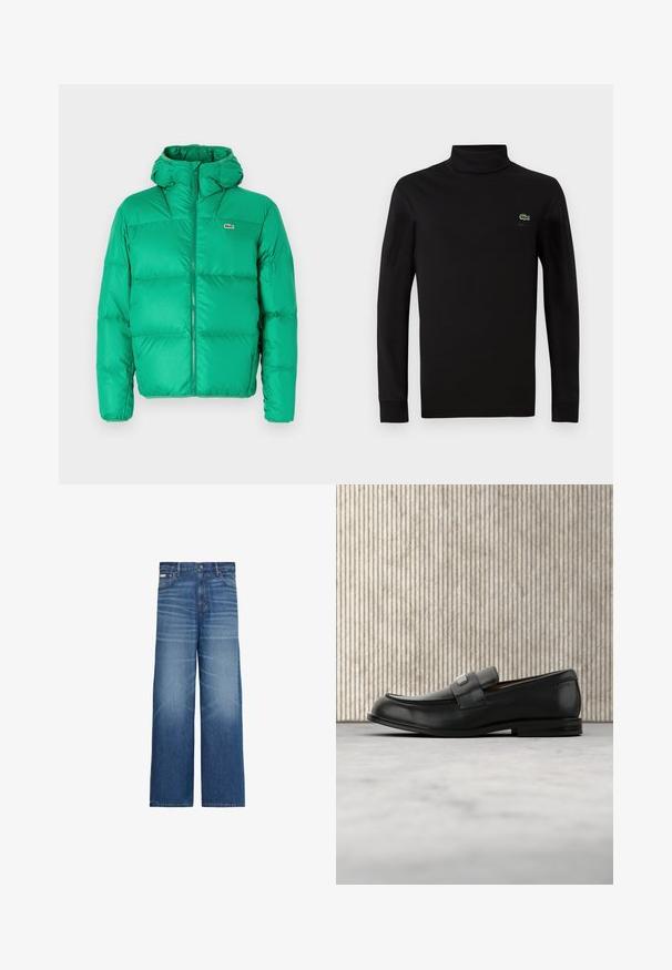Grøn pufferjakke med hætte, der har lynlåslukning, kviltet design og signaturlogo på venstre bryst. Glat, skinnende materiale.; Sort langærmet turtleneck lavet af glat bomuldsstof, med et lille grønt krokodillelogo på venstre bryst.; Blå vidbenede jeans med falmet detaljering, fem lommer og knaplukning i taljen.; Sort læderloafer med metalbrandskilt hvilende nær et brunt rundt bord på beige tæppe.