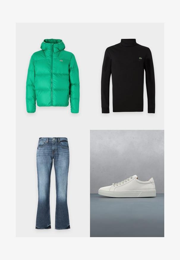 Grüne Pufferjacke mit Kapuze, ausgestattet mit einem Reißverschluss, gesteppter Optik und dem Markenzeichen auf der linken Brust. Glattes, glänzendes Material.; Schwarzes langärmeliges Turtleneck aus glattem Baumwollstoff, mit einem kleinen grünen Krokodil-Logo auf der linken Brust.; Blaue Jeans mit Schlag, mittelhoher Taille, fünf Taschen und subtilen Ausbleichungen für einen used Look. Glatte Textur über das gesamte Material.; Weißes Leder-Sneaker mit abgerundetem Zehenbereich, minimalistisches Design, graue Schnürsenkel und einer strukturierten grauen Gummisohle. Dezente Nähte sichtbar.