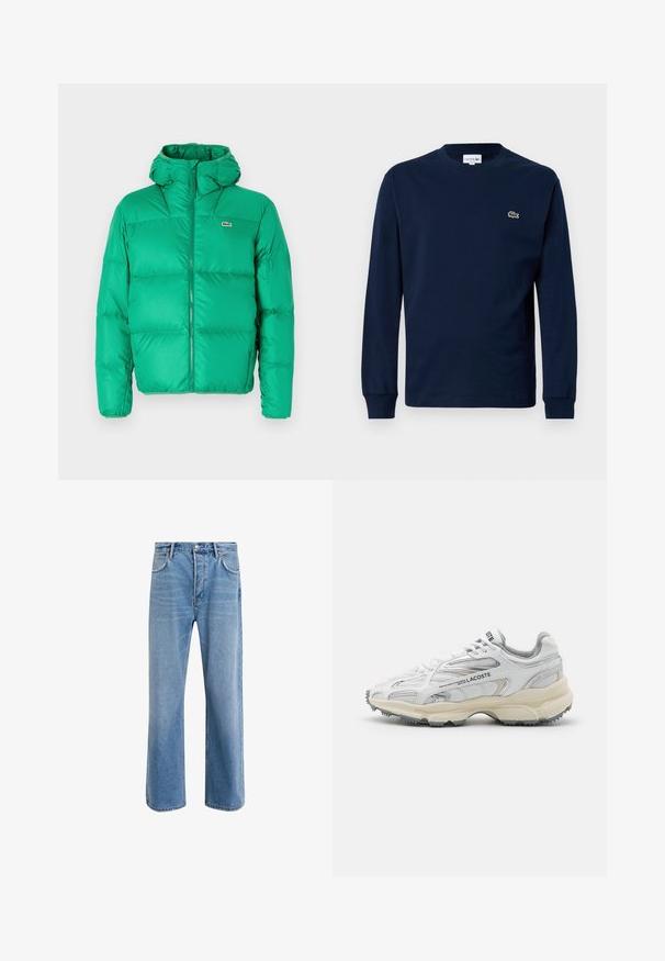 Zelená nafukovacia bunda s kapucňou, ktorá má zips, prešívaný dizajn a podpisové logo na ľavej hrudi. Hladký, lesklý materiál.; Námornícky modré tričko s dlhým rukávom vyrobené z bavlny, s okrúhlym výstrihom a malým zeleným logom krokodíla na ľavom prsníku.; Svetlo modré denimové džínsy so strihom rovného nohu, päť vreciek, zapínanie na gombík, minimálne vyblednutie a kontrastné švy.; Biele športové topánky s šedými akcentmi, sieťovinovou a syntetickou vrchnou časťou, viazanie na šnúrky a texturovanou gumovou podrážkou s protišmykovými vzormi.