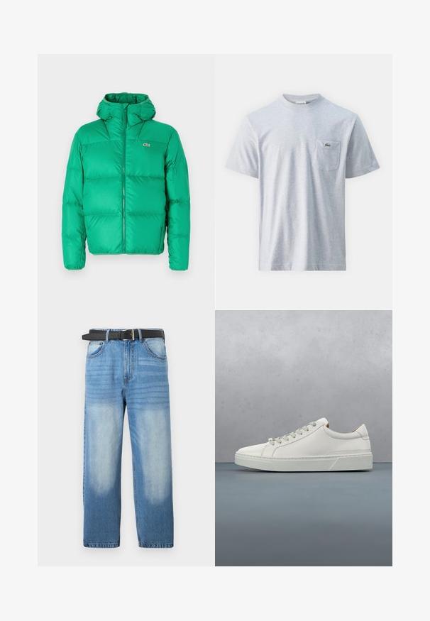 Grüne Pufferjacke mit Kapuze, ausgestattet mit einem Reißverschluss, gesteppter Optik und dem Markenzeichen auf der linken Brust. Glattes, glänzendes Material.; Graues Baumwoll-T-Shirt mit kurzen Ärmeln, Rundhalsausschnitt und einer linken Brusttasche, die ein kleines grünes Logo trägt. Glatte Textur, lässige Passform.; Hellblaue Denim-Jeans mit geradem Bein, ausgestattet mit einem schwarzen Gürtel, ausgewaschenen Stellen und subtiler diagonaler Textur im oberen Bereich.; Weißes Leder-Sneaker mit abgerundetem Zehenbereich, minimalistisches Design, graue Schnürsenkel und einer strukturierten grauen Gummisohle. Dezente Nähte sichtbar.
