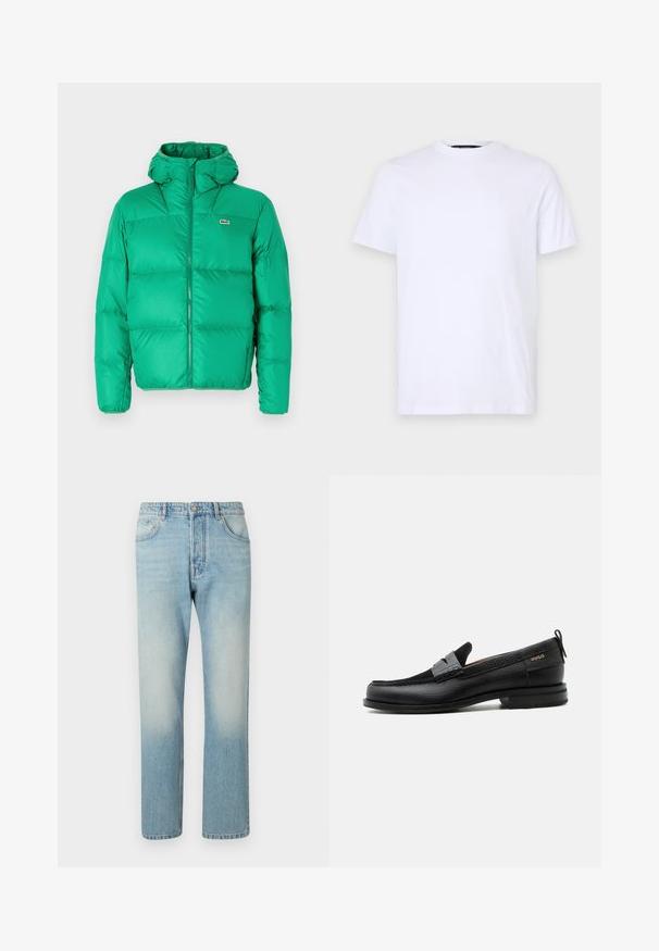 Grøn pufferjakke med hætte, der har lynlåslukning, kviltet design og signaturlogo på venstre bryst. Glat, skinnende materiale.; Hvid bomulds T-shirt med korte ærmer, rund halsudskæring, med et diskret præget logo på venstre bryst, glat tekstur.; Lyseblå jeans lavet af denim, med et lige ben-design, fem lomme-struktur og falmet vaskeffekt ved lårene.; Sort læderloafer med grå remdetalje, lav hæl og tekstureret sål, mærket med "HUGO" i guld på siden.