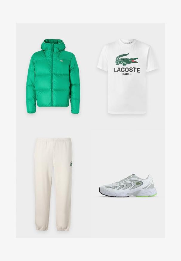 Grøn pufferjakke med hætte, der har lynlåslukning, kviltet design og signaturlogo på venstre bryst. Glat, skinnende materiale.; Lacoste T-shirts print - white; Lys beige sweatpants lavet af bomuld, med elastisk talje, ribbede mansjetter og et grønt logo med bladdesign på venstre ben.; Hvid og grå atletiksneaker med grønne accenter og logo, meshpaneler og en tyk polstret sål, vist fra siden på en ensfarvet baggrund.