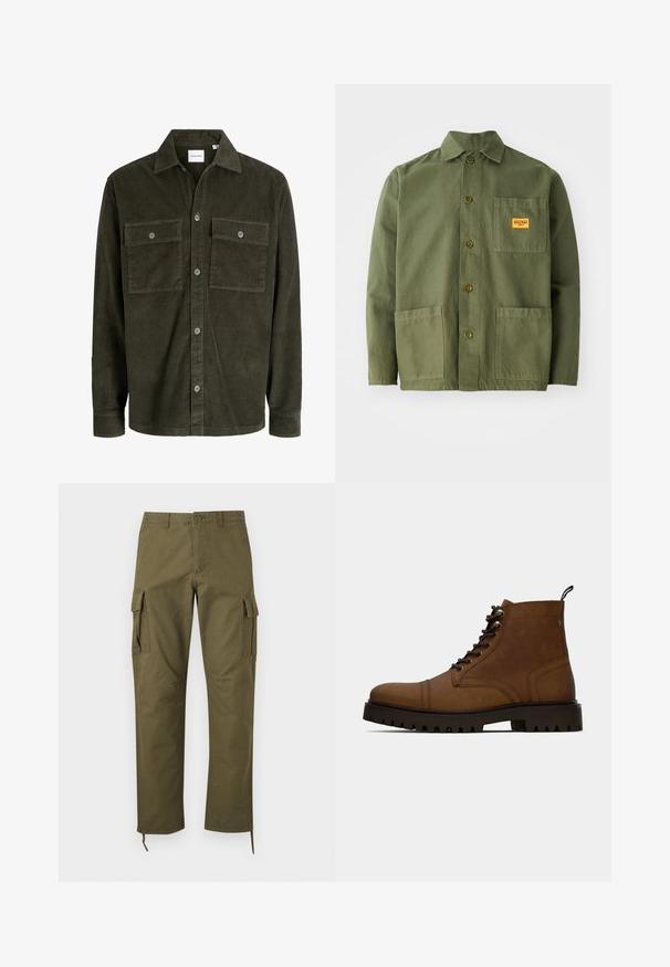 Veste-chemise en velours côtelé vert foncé avec fermeture par boutons sur le devant, deux poches poitrine boutonnées, manches longues et col classique.; Veste verte olive en coton épais, avec un col pointu, des boutons à l'avant et deux grandes poches plaquées. Comprend un petit patch avec un logo.; Pantalon cargo vert olive avec poches latérales à rabat, fermeture à boutons sur le devant, passants de ceinture et cordons réglables aux ourlets.; Botte de cheville en cuir marron à lacets avec semelle crantée noire épaisse et languette, sur fond blanc.