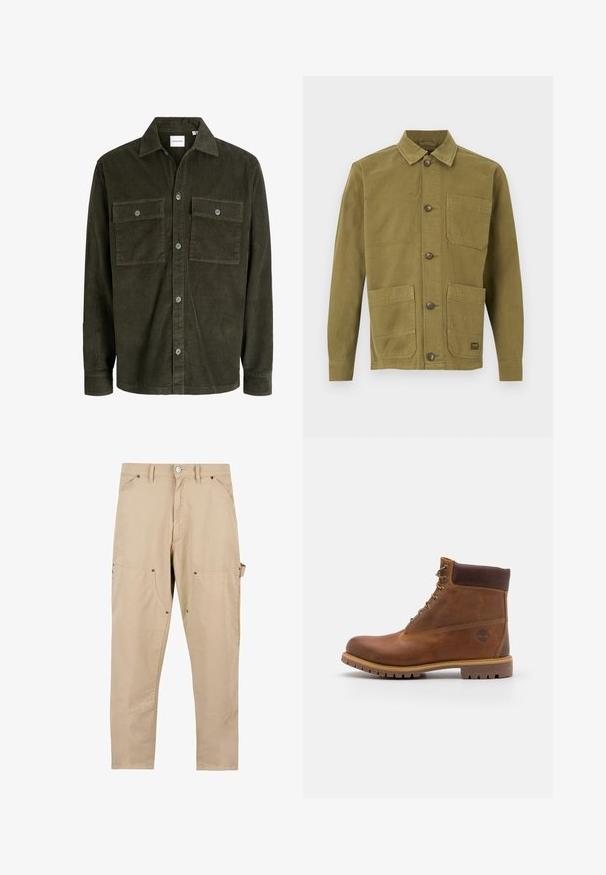 Veste-chemise en velours côtelé vert foncé avec fermeture par boutons sur le devant, deux poches poitrine boutonnées, manches longues et col classique.; Veste en toile vert olive avec col, dotée de deux poches avant et d'une fermeture à boutons. Tissu texturé avec des détails de couture visibles.; Pantalon cargo beige en coton. Comprend plusieurs poches, une coupe droite et un système de fermeture à boutons avec des détails en métal.; Botte de randonnée en cuir marron avec une finition lisse, cheville rembourrée, œillets en métal et semelle en caoutchouc dotée d'un motif de crampons robuste.