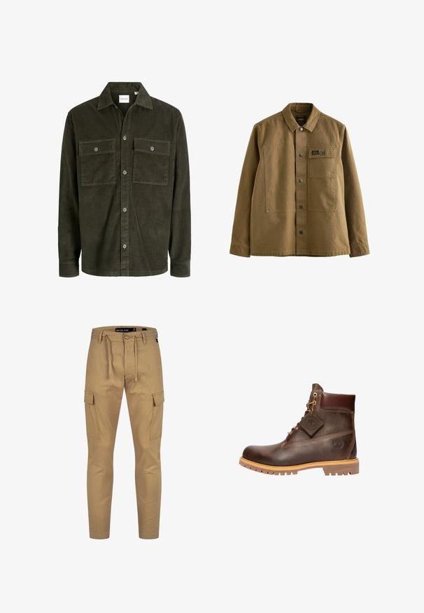 Veste-chemise en velours côtelé vert foncé avec fermeture par boutons sur le devant, deux poches poitrine boutonnées, manches longues et col classique.; Veste en toile marron avec un col, fermeture par boutons sur le devant, deux poches poitrine et un tissu texturé. Design inspiré de l'armée.; Pantalons cargo kaki avec une taille à cordon, coupe fuselée et poches latérales ; fabriqués à partir d'un tissu léger et texturé.; Bottine en cuir marron avec un bout rond, une semelle robuste, des éléments en doré et un dessus texturé. Comprend une étiquette de logo attachée.