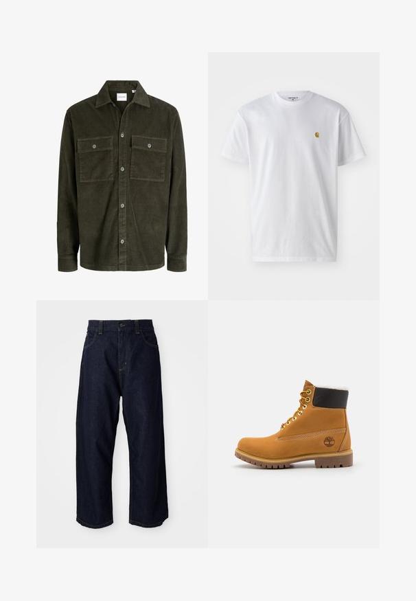 Veste-chemise en velours côtelé vert foncé avec fermeture par boutons sur le devant, deux poches poitrine boutonnées, manches longues et col classique.; T-shirt en coton blanc à manches courtes, col rond, avec un petit logo doré sur la poitrine gauche. Texture douce et coupe régulière.; Pantalons en denim bleu foncé avec une coupe décontractée, dotés d'un rabat à boutons, de passants de ceinture, et de coutures jaunes sur les poches et les coutures.; Bottine en cuir brun avec œillets en métal, doublure en fourrure blanche, col rembourré noir, semelle robuste et logo en relief sur le côté.