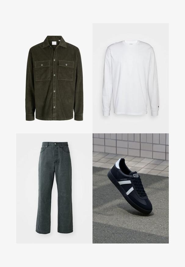 Veste-chemise en velours côtelé vert foncé avec fermeture par boutons sur le devant, deux poches poitrine boutonnées, manches longues et col classique.; T-shirt blanc à manches longues en coton. Design à col rond avec des poignets côtelés et un petit logo sur la manche gauche. Texture lisse.; Jean en denim gris foncé à jambes larges, doté d'une taille haute, d'un design à cinq poches et d'une texture légèrement délavée.; Sneaker en cuir noir avec des rayures blanches, semelle en caoutchouc texturée et devant à lacets. Présente une étiquette de marque sur la languette.
