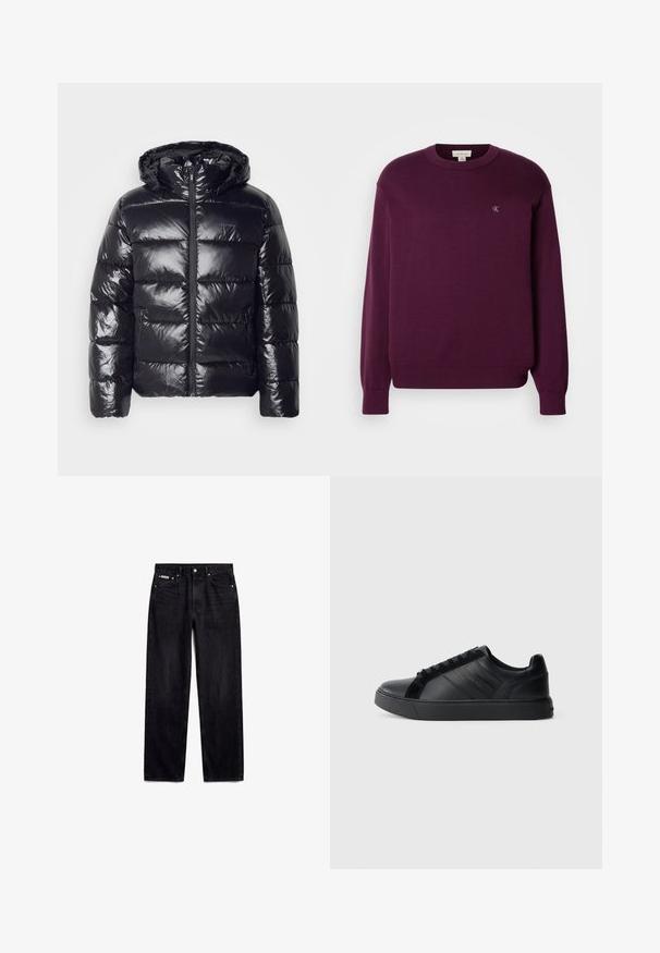 Veste coupe-vent noire avec une texture brillante et matelassée, dotée d'une capuche, d'une fermeture éclair et de poignets élastiques pour la chaleur et le confort.; Pull en tricot violet avec manches longues, col rond, bord-côte en bas et aux poignets, arborant un petit logo CK sur la poitrine. Texture lisse.; Jean noir droit avec cinq poches, bouton en métal et étiquette Calvin Klein sur la petite poche avant.; Baskets noires en cuir avec une finition lisse, panneaux latéraux texturés, bout rond, semelle plate et détail de logo sur le côté. Présente un lacet classique.