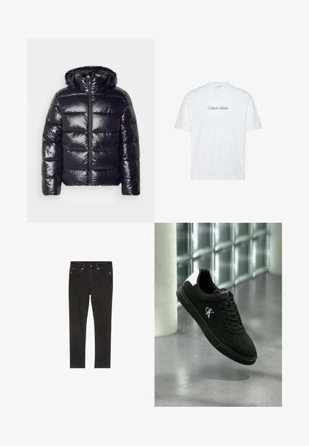 Veste coupe-vent noire avec une texture brillante et matelassée, dotée d'une capuche, d'une fermeture éclair et de poignets élastiques pour la chaleur et le confort.; T-shirt en coton blanc à manches courtes. Dispose d'un col rond et d'un logo "Calvin Klein" imprimé en gris sur la poitrine.; Jean en denim noir à coupe ajustée, doté de quatre poches, d'une fermeture à bouton métallique et de légers détails d'usure. Texture lisse et design classique.; Baskets noires Calvin Klein avec languette de talon blanche et logo CK sur le côté, flottant au-dessus d'un sol en béton poli et d'un mur en blocs de verre en arrière-plan.