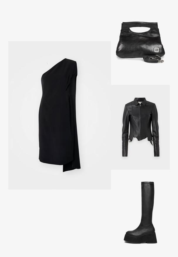 Chaqueta de cuero negra recortada con cuello, cierre frontal de cremallera y un bolsillo en el pecho; presenta un dobladillo deshilachado y detalles en las costuras. Textura suave.; Vestido negro asimétrico con un hombro, hecho de una tela suave, que presenta un diseño drapeado y una abertura lateral para un detalle adicional.; Botas negras de cuero hasta la rodilla, con una suela de plataforma gruesa y textura suave, con puntera redondeada y diseño sin costuras.; Bolso clutch de cuero negro con asa recortada y correa de hombro desmontable, con un pequeño logo plateado de AS98 en el frente.