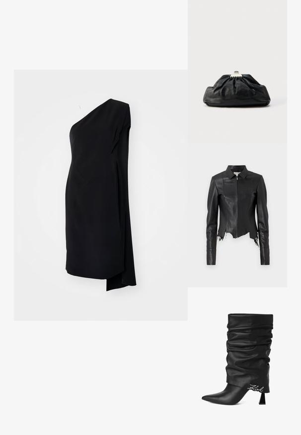 Veste en cuir noire courte avec un col, fermeture éclair à l'avant et une poche poitrine unique ; présente un ourlet effiloché et des détails de couture. Texture lisse.; Robe asymétrique noire à une épaule, en tissu satiné, avec un design drapé et une fente sur le côté pour un détail supplémentaire.; Botte en cuir noire ample à talon haut avec bout pointu et logo argenté « Karl » près du talon sur fond blanc.; Pochette en cuir noir avec une texture plissée, fermeture à fermoir métallique, et logo embossé discret sur le devant. Forme arrondie.