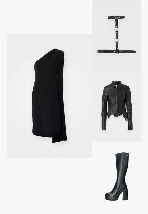 Veste en cuir noire courte avec un col, fermeture éclair à l'avant et une poche poitrine unique ; présente un ourlet effiloché et des détails de couture. Texture lisse.; Robe asymétrique noire à une épaule, en tissu satiné, avec un design drapé et une fente sur le côté pour un détail supplémentaire.; Bottes noires en cuir, montantes jusqu'aux genoux, avec une texture lisse, une forme structurée et un talon bloc haut, avec un minimum d'accents en matériel.; Harnais en similicuir noir avec anneaux et clous en métal argenté, doté de sangles ajustables organisées verticalement et horizontalement.