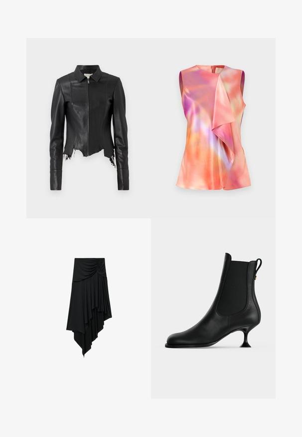 Veste en cuir noire courte avec un col, fermeture éclair à l'avant et une poche poitrine unique ; présente un ourlet effiloché et des détails de couture. Texture lisse.; Débardeur en satin, orné d'un motif abstrait coloré dans des tons de rose, d'orange et de violet, avec un design drapé à l'avant.; Jupe asymétrique noire avec un détail froncé à la taille et un tissu drapé en couches créant un ourlet en cascade.; Bottine en cuir noir à bout pointu, panneaux latéraux élastiques, et petit talon fin évasé sur un fond clair uni.