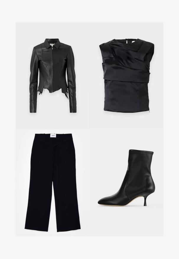 Chaqueta de cuero negra recortada con cuello, cierre frontal de cremallera y un bolsillo en el pecho; presenta un dobladillo deshilachado y detalles en las costuras. Textura suave.; Top de satén negro con un diseño estructurado, hombros anchos y un panel frontal asimétrico, cerrado con una cremallera en la parte posterior.; Pantalones de pierna ancha negros, confeccionados con una tela suave. Presentan una cinturilla plana con pasadores para cinturón y un acabado limpio en los dobladillos.; Botín negro de cuero con puntera puntiaguda y tacón medio y delgado, mostrado de perfil sobre un fondo claro.