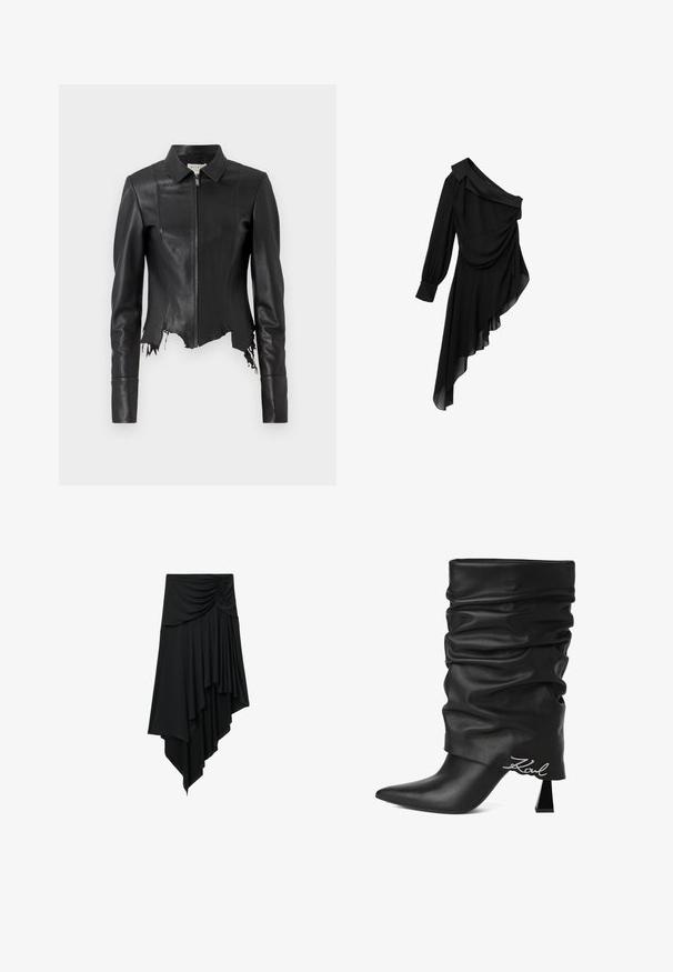 Zwarte croppedd leren jas met een kraag, ritssluiting aan de voorkant en een enkele borstzak; heeft een rafelige zoom en stiksel details. Glad textuur.; Zwarte jurk van vloeiend materiaal, met een one-shoulder ontwerp, gedrapeerde voorkant, lange mouw en asymmetrische zomen.; Zwarte asymmetrische rok met gerimpeld detail bij de taille en gelaagde gedrapeerde stof die een trapvormige zoom creëert.; Zwarte slappe leren laars met hoge hak, puntige neus en zilveren "Karl" logo nabij de hiel op een witte achtergrond.