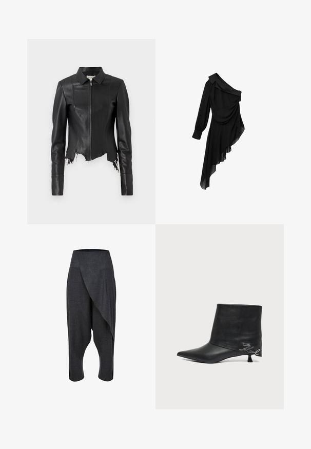 Veste en cuir noire courte avec un col, fermeture éclair à l'avant et une poche poitrine unique ; présente un ourlet effiloché et des détails de couture. Texture lisse.; Robe noire en tissu fluide, avec un design asymétrique à une épaule, un devant drapé, une longue manche et un ourlet inégal.; Pantalons en tissu léger gris foncé avec un design drapé asymétrique, longueur cropped et fentes latérales pour le confort et le mouvement.; Bottine en cuir noir avec bout pointu, petit talon kitten et détail écrit argenté près du talon.