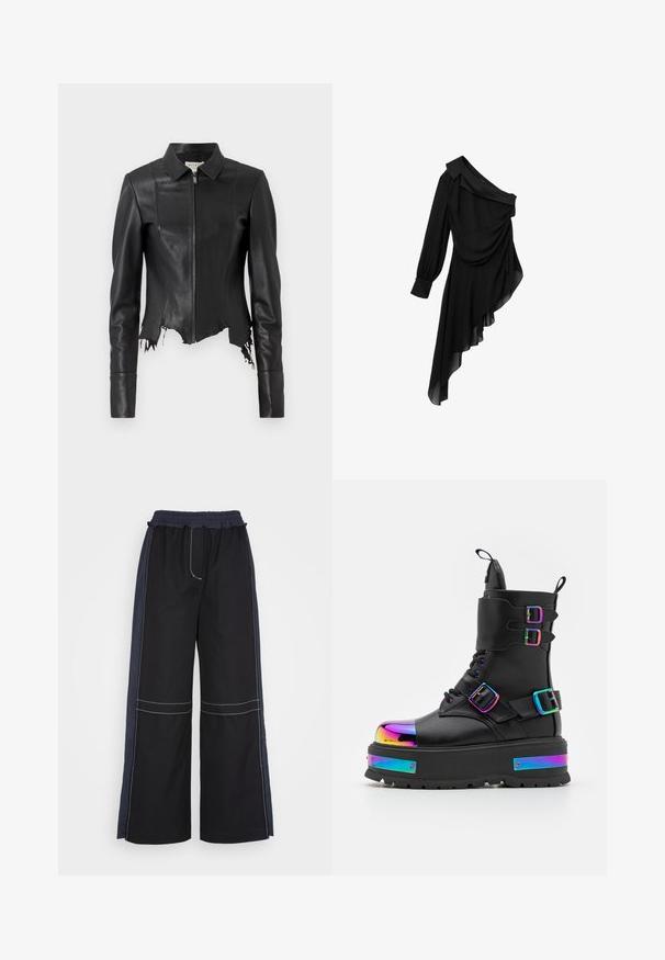 Chaqueta de cuero negra recortada con cuello, cierre frontal de cremallera y un bolsillo en el pecho; presenta un dobladillo deshilachado y detalles en las costuras. Textura suave.; Vestido negro de tejido fluido, con un diseño de un solo hombro, frente drapeado, manga larga y dobladillo asimétrico.; 3.1 Phillip Lim COMBO UTILITY PANT - Pantalones - black eclipse; Koi Footwear COSMIC FIRE METAL PLATFORM BOOTS - Botines con cordones - black/multi-coloured