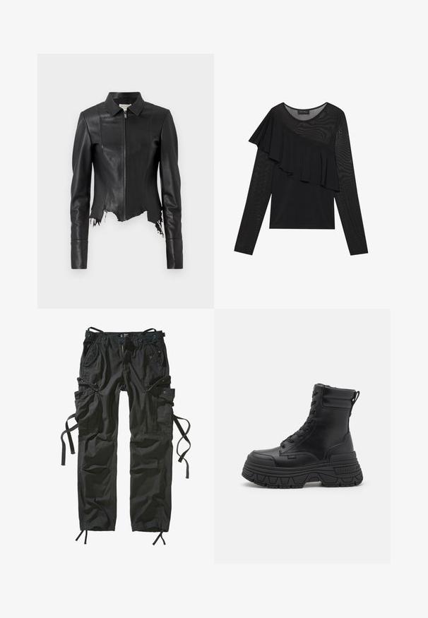 Chaqueta de cuero negra recortada con cuello, cierre frontal de cremallera y un bolsillo en el pecho; presenta un dobladillo deshilachado y detalles en las costuras. Textura suave.; Top negro de manga larga que presenta una tela de malla texturizada y un detalle de volantes que fluye a lo largo de un hombro, con un escote redondo.; Pantalones cargo negros hechos de un tejido ligero, con múltiples bolsillos, laterales ajustables con cordón y un ajuste relajado con costuras reforzadas.; Botas de tobillo negras con cordones, hechas de cuero suave, con una suela de plataforma gruesa, un tacón reforzado y una pestaña trasera para ponerlas con facilidad.