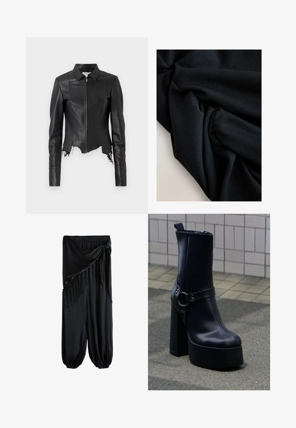 Zwarte croppedd leren jas met een kraag, ritssluiting aan de voorkant en een enkele borstzak; heeft een rafelige zoom en stiksel details. Glad textuur.; Zwarte stof met zichtbare textuur en plooien, waardoor zachte schaduwen en highlights op een lichtgekleurde ondergrond ontstaan.; Zwarte broek met wijde pijpen, elastische taille, gestrikte sjerp en franjerand aan één zijde, bij de enkels samengebonden.; Zwarte leren enkellaars met plateauzool, stevige hoge hak en decoratieve band, geplaatst op grijze bestrating tegen een achtergrond van betegelde muur.