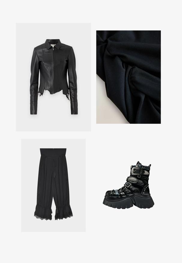 Schwarze, kurze Lederjacke mit Kragen, Reißverschluss vorne und einer Brusttasche; verfügt über einen ausgefransten Saum und Nahtdetails. Glatte Textur.; Schwarzer Stoff mit sichtbarer Textur und Falten, die weiche Schatten und Lichtreflexe auf einer hellen Oberfläche erzeugen.; Schwarze, weit geschnittene Hose mit hoher Taille, Kordelzug-Quasten-Gürtel, Spitzenbesatz an den Seiten und geraffte Säume mit Spitzenverzierung.; Schwarzer Plateau-Stiefel mit dicker Sohle, mehreren strukturierten Riemen, silbernen Schnallen, dekorativen Metallelementen und genieteten Details.