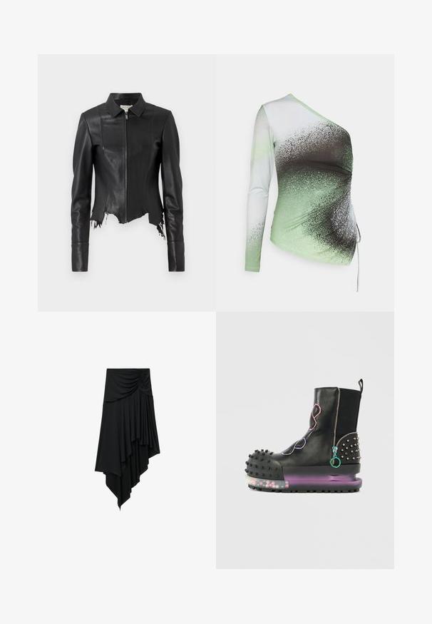 Schwarze, kurze Lederjacke mit Kragen, Reißverschluss vorne und einer Brusttasche; verfügt über einen ausgefransten Saum und Nahtdetails. Glatte Textur.; Elleme ONE SHOULDER - Langarmshirt - light green/white; Schwarzer asymmetrischer Rock mit gerafftem Detail an der Taille und geschichteter Drapierung, die einen kaskadierenden Saum bildet.; Schwarzer Lederstiefel mit dicker Sohle, Nietenakzenten, bunten Reißverschlüssen und einer gepolsterten Zehenkappe. Die transparente Sohle enthält dekorative Elemente.