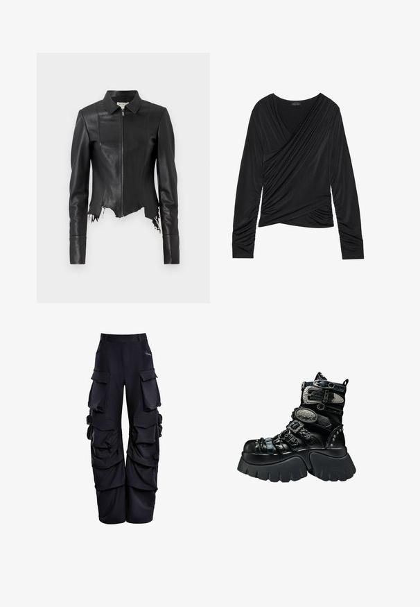 Schwarze, kurze Lederjacke mit Kragen, Reißverschluss vorne und einer Brusttasche; verfügt über einen ausgefransten Saum und Nahtdetails. Glatte Textur.; Schwarzes langärmeliges Oberteil mit Wickeldesign, ausgestattet mit drapiertem Stoff, gerafften Seitendetails und einer glatten Textur. Etikett am Ausschnitt sichtbar.; Schwarze Cargo-Hosen aus strukturiertem Material, mit mehreren großen Taschen, weitem Schnitt und gerafften Details an den Seiten.; Schwarzer Plateau-Stiefel mit dicker Sohle, mehreren strukturierten Riemen, silbernen Schnallen, dekorativen Metallelementen und genieteten Details.
