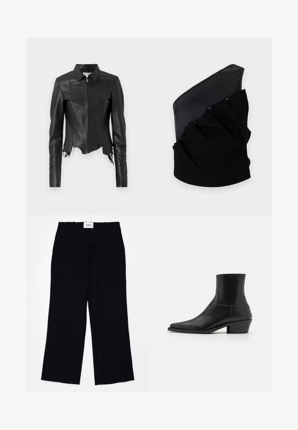 Schwarze, kurze Lederjacke mit Kragen, Reißverschluss vorne und einer Brusttasche; verfügt über einen ausgefransten Saum und Nahtdetails. Glatte Textur.; Asymmetrisches schwarzes Oberteil mit einem glatten Lederpanel und strukturiertem Strickstoff, der mit Raffung und Druckknöpfen verziert ist.; Schwarze weit geschnittene Hosen aus einem glatten Stoff. Verfügt über einen flachen Bund mit Gürtelschlaufen und einen sauberen Abschluss an den Säumen.; Schwarze Leder-Ankle-Boots mit eckiger Spitze, matter Oberfläche und niedrigem Blockabsatz. Verfügt über ein glattes, stromlinienförmiges Design ohne Verzierungen.