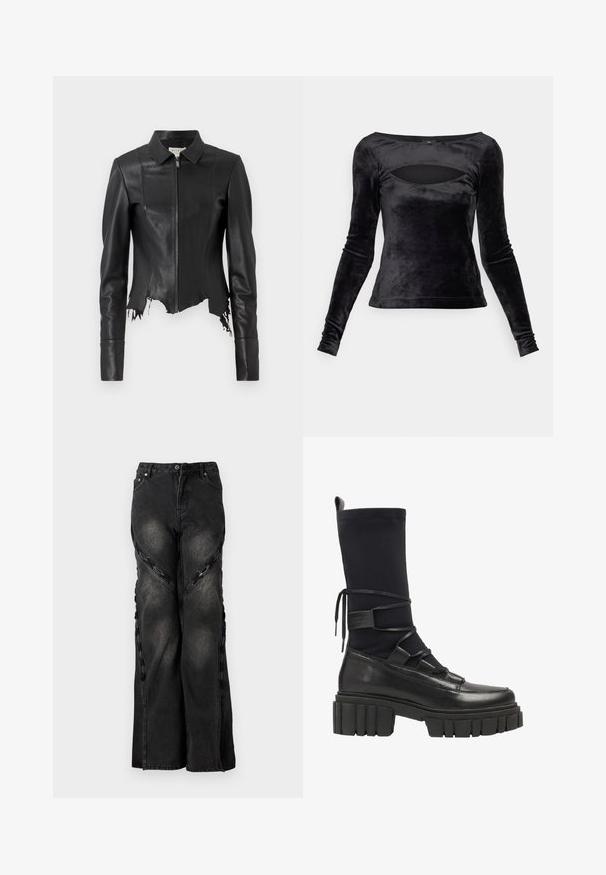 Chaqueta de cuero negra recortada con cuello, cierre frontal de cremallera y un bolsillo en el pecho; presenta un dobladillo deshilachado y detalles en las costuras. Textura suave.; Top negro de manga larga hecho de terciopelo suave, con un escote ancho y un detalle de corte, y una silueta ajustada. Textura lisa en toda la prenda.; Jeans de mezclilla negra con corte de pierna ancha, que cuentan con detalles de cadenas a lo largo de las costuras laterales y un cierre de botón y cremallera en la cintura.; Bota negra hasta la rodilla que presenta una combinación de cuero suave y tejido elástico, con cordones en el frente y una suela gruesa y estriada.
