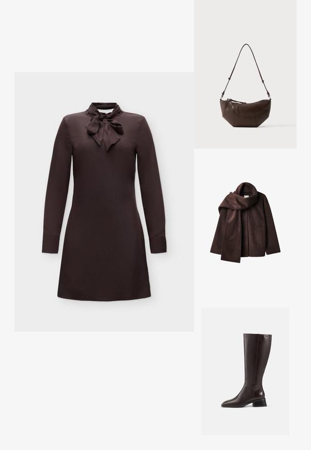 Chaqueta de mezcla de lana marrón con un amplio cuello de bufanda y diseño de frente abierto. Textura suave, corte relajado y sin cierre visible.; Vestido marrón oscuro de manga larga con cuello con lazo atado y una silueta recta y sencilla sobre un fondo liso.; Botas de cuero marrón hasta la rodilla con un acabado suave, punta redonda y un tacón negro de pala. Diseño simple con detalles de herrajes mínimos.; Bolso de hombro de cuero marrón con fondo curvado y correa ajustable sobre un fondo claro y liso.