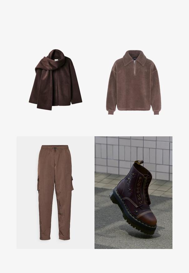 Chaqueta de mezcla de lana marrón con un amplio cuello de bufanda y diseño de frente abierto. Textura suave, corte relajado y sin cierre visible.; Sudadera marrón de forro polar con un gran cuello, cremallera frontal hasta la mitad, mangas largas y puños acanalados, diseñada para uso informal.; Nike Sportswear ESSNTL - Pantalones cargo - baroque brown/sail; Bota de cuero marrón oscuro con relieves florales, cremallera frontal, suela negra gruesa con costuras amarillas, flotando sobre un pavimento texturizado cerca de una pared con azulejos.