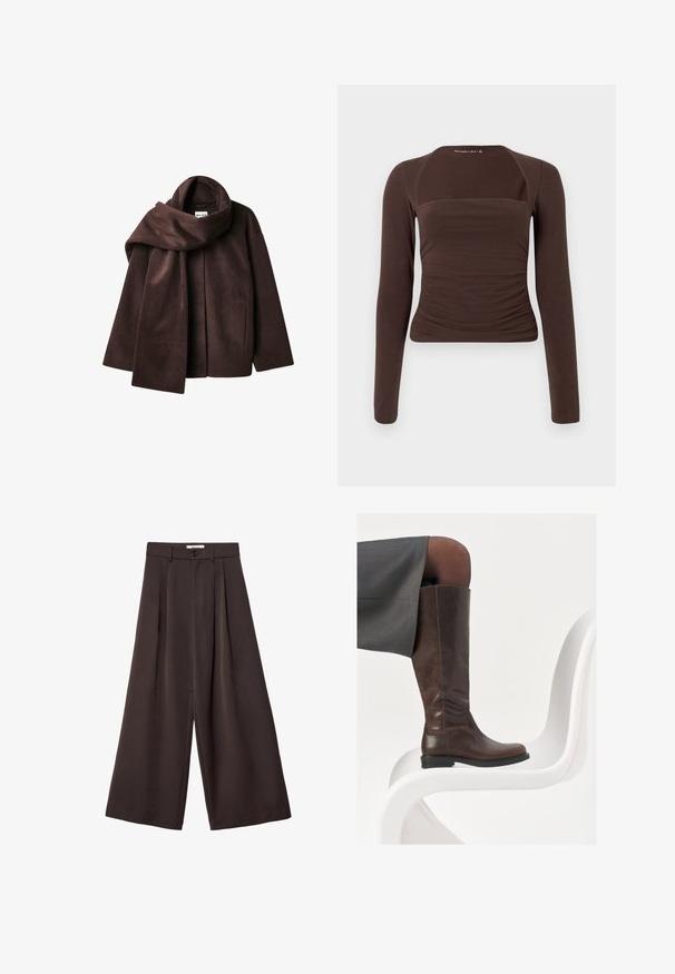 Veste en laine mélangée marron avec un large col en écharpe et une conception à ouverture frontale. Texture douce, coupe décontractée et sans fermetures visibles.; Haut marron à manches longues en tissu extensible, avec un décolleté carré et des détails froncés à la taille pour un aspect ajusté.; Pantalon à jambes larges en tissu brun foncé, avec des plis, une fermeture par bouton, et une texture lisse ; longueur cheville avec une coupe ajustée.; Botte en cuir marron à hauteur de genou avec un bout arrondi, texture lisse et détails de couture minimalistes, placée sur un fond clair sur une chaise blanche.