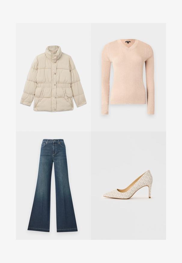 Beige padded jacket with a high collar, snap button closure, elastic waistband, and two side pockets. Smooth texture with a quilted design.; Vaaleanpunainen ribbineulottu pitkähihaisen neulepusero, jossa V-aukko. Valmistettu pehmeästä materiaalista, vartalonmyötäinen ja teksturoitu pinta.; Tummansiniset leveälahkeiset farkut korkealla vyötäröllä, valmistettu denimistä, jossa on napitus ja kontrastiväriset ompeleet saumoissa.; Beige korkokenkä, jossa on terävä kärki, kapea stiletto-korko ja hienovarainen geometrinen kuvio kangaspinnalla.