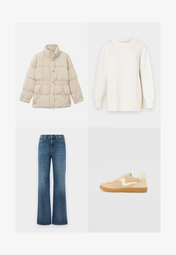 Beige polstret jakke med høj krave, trykknaplukning, elastisk talje og to sidelommer. Glat tekstur med quiltet design.; Kremfarvet sweater med tekstureret strik, rund halsudskæring og en let oversized pasform. Har lange ærmer og sidesplitter ved kanten.; Blå denimjeans med bred benklip, knap- og lynlåslukning samt for- og baglommer, præsenteret på en simpel hvid baggrund.; Beige sneakers med ruskind og mesh-materialer, rund form, fremtrædende polstret krave og en gummikondisko. Har et bølge-design som accent.