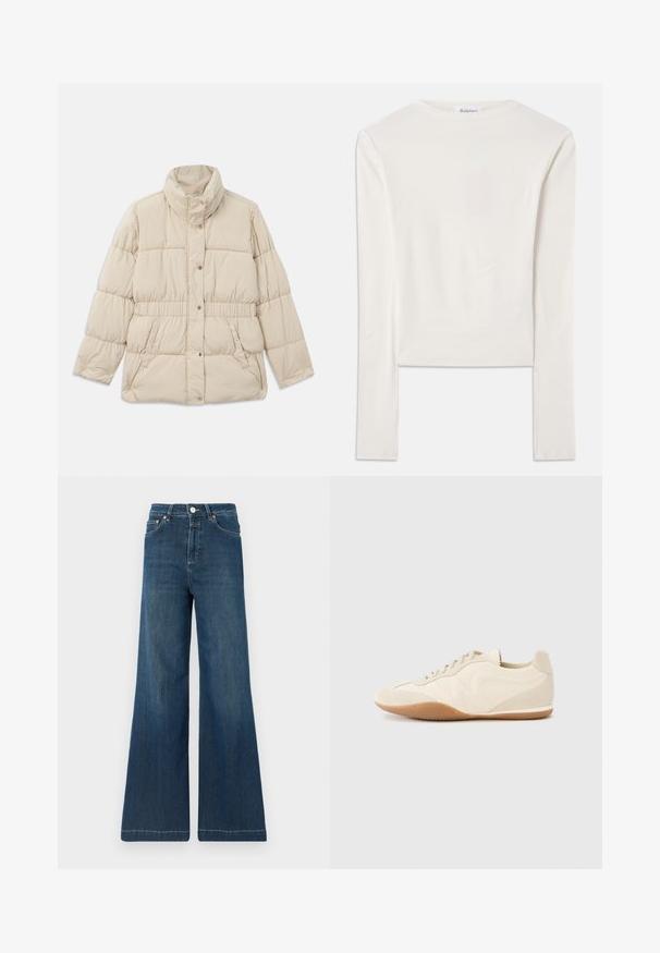 Beige polstret jakke med høj krave, trykknaplukning, elastisk talje og to sidelommer. Glat tekstur med quiltet design.; Hvid langærmet top lavet af bomuld, med en simpel rund hals og en slim fit. Stof er glat med en let stræk.; Sorte jeans med vid ben i mørkeblåt denim, med høj talje, kobberbeslag og diskret falmning. Ren kant uden yderligere mønstre.; Lyse beige sneakers med en tekstureret læderoverdel, teksturerede sider og en gummisål. Har et slankt, strømlinet design og flade snørebånd.