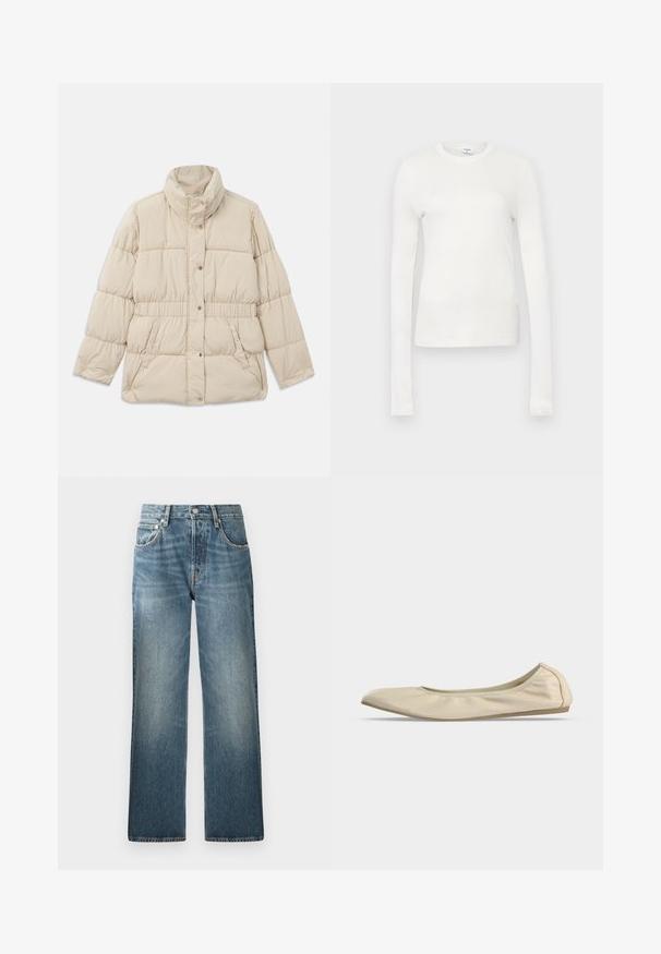 Beige gewatteerde jas met een hoge kraag, drukknopen, elastische tailleband en twee zijzakken. Zachte textuur met een gestikt ontwerp.; Witte langemouwen t-shirt gemaakt van zachte katoen. Heeft een ronde hals, aansluitende pasvorm en een gladde textuur. Geen patronen of accenten.; Blauwe denim jeans met een rechte pijpdesign, voorzien van een hoge tailleband, vijf zakken en een licht vervaagde, gestructureerde afwerking.; Beige zachte leren ballerina met afgeronde neus, laag uitgesneden zijprofiel en slanke rubberen zool op een effen witte achtergrond.