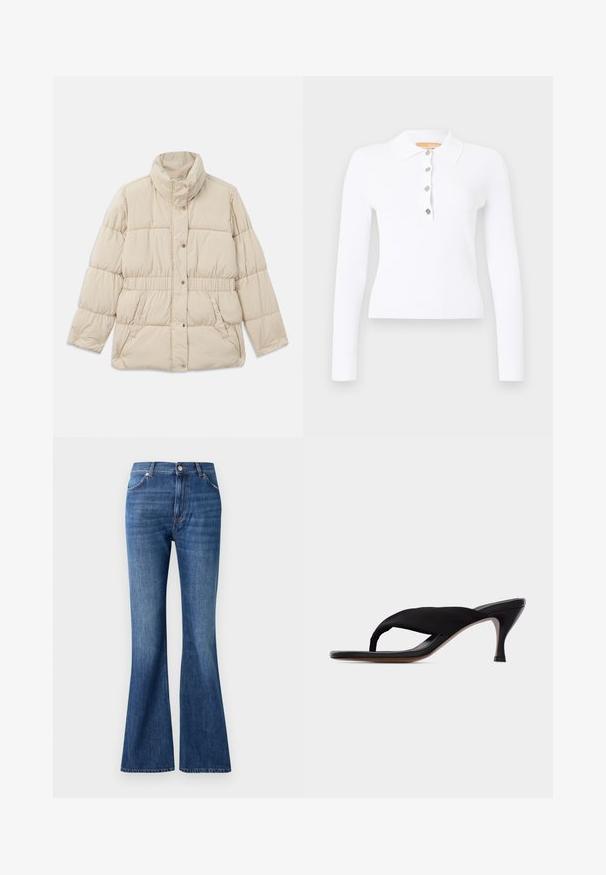 Beige polstret jakke med høj krave, trykknaplukning, elastisk talje og to sidelommer. Glat tekstur med quiltet design.; Hvid ribbet langærmet polo med krave og fire sølvknapper på stolpen.; Blå flagrende jeans lavet af denim, med høj talje, fem lommer og et subtilt slidmønster nær sømmene.; Sort sandal med mellemhøj hæl, polstret tårem og stropløs design, slank hæl og glat sål mod en ensformig lys baggrund.