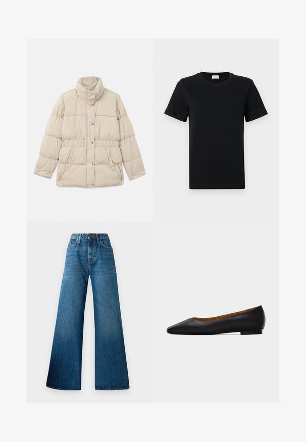 Beige polstret jakke med høj krave, trykknaplukning, elastisk talje og to sidelommer. Glat tekstur med quiltet design.; Sort bomulds t-shirt med korte ærmer og rund hals, med en subtil logo detalje på den nederste front og en lige skåret kant.; Blå denim brede bukser med høj talje, let falming, klassisk fem-lomme design og knaplukning foran.; Sort læder flad sko med spids tå, lav hæl og glat finish, vist fra siden på en lysegrå baggrund.