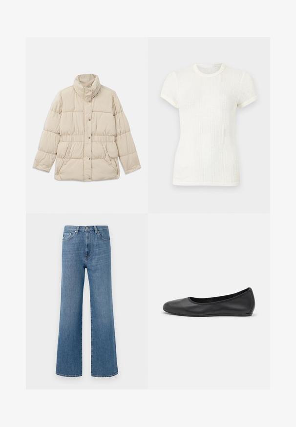 Beige polstret jakke med høj krave, trykknaplukning, elastisk talje og to sidelommer. Glat tekstur med quiltet design.; Hvid ribstrikket t-shirt med korte ærmer, rund halsudskæring og let puffede ærmer.; Lysblå denim bukser med bred benvidde og høj talje, med en frontlukning med knap, fem lommer og en ren kantfinish.; Sort læderballetsko med rund tå, glat tekstur, minimal syning og et fleksibelt såldesign.