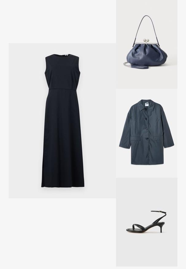 Abrigo ligero de color gris oscuro con cuello, cuatro botones en la parte delantera y bolsillos laterales. Tejido suave y corte relajado con hombros caídos.; Vestido maxi negro sin mangas con corpiño ajustado y escote redondo, con un detalle sutil en capas en la cintura.; Sandalia negra de cuero para mujer con tiras finas, un lazo para el dedo del pie, hebilla en el tobillo y tacón de aguja de altura media sobre un fondo neutro.; Bolso de mano de cuero azul marino suave con cierre de broche plateado, una correa de hombro y correa de cadena desmontable para la muñeca sobre fondo blanco.