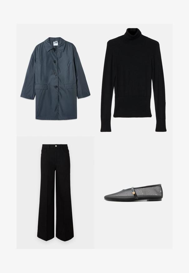 Mørkegrå, letvægtsfrakke med krave, fire frontknapper og sidelommer. Glat stof og afslappet pasform med sænkede skuldre.; AERON TENDER LONG SLEEVED - Striktrøje - black; Sorte vide ben-jeans lavet af robust stof, med høj talje, forlommer og en frontal knaplukning. Flad kant i bunden.; Sort flad sko med lav hæl, mesh-overdel og tynd rem med guldknapdetalje over fodens vrist.