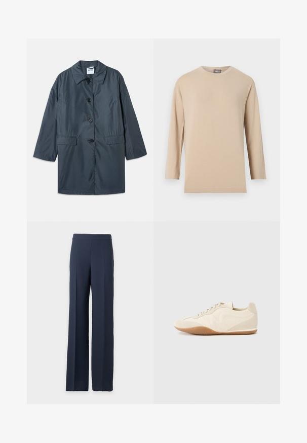 Abrigo ligero de color gris oscuro con cuello, cuatro botones en la parte delantera y bolsillos laterales. Tejido suave y corte relajado con hombros caídos.; Camiseta beige de manga larga con cuello redondo y dobladillo recto, mostrada sobre un fondo blanco liso.; Pantalones de pierna ancha azul marino con cintura alta y frente limpio, mostrados sobre un fondo gris claro liso.; Zapatillas deportivas color beige claro con parte superior de cuero texturizado, paneles laterales texturizados y suela de goma. Presentan un diseño elegante y estilizado con cordones planos.