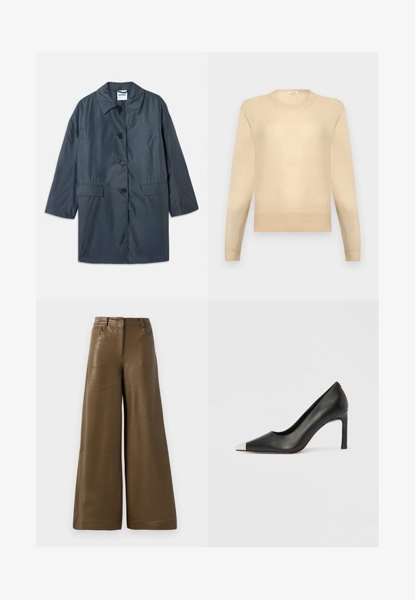 Mørkegrå, letvægtsfrakke med krave, fire frontknapper og sidelommer. Glat stof og afslappet pasform med sænkede skuldre.; Beige langærmet crewneck-sweater med ribbet manchetter og kant på en lys grå baggrund.; Breddebenede bukser lavet af glat, brun kunstlæder. Har højt talje, fire lommer og en lynlås foran. Flad tekstur og minimalistisk design.; Sort læder højhælet sko med spids tå og metal-sølv hætte. Har en glat finish og en slank hæl på 10 cm.