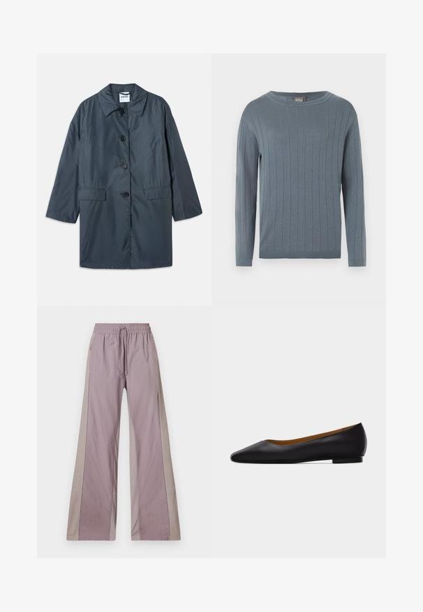 Manteau léger gris foncé avec un col, quatre boutons sur le devant et des poches latérales. Tissu doux et coupe décontractée avec épaules tombantes.; Pull à manches longues et col rond en bleu doux avec motif en côtes verticales, poignets ajustés et ourlet droit.; Pantalons large en tissu léger de couleur lavande avec des panneaux latéraux beiges contrastants, dotés d'une taille élastique et de poches avant.; Chaussure plate en cuir noir à bout pointu avec talon bas et finition lisse, vue de côté sur un fond gris clair.