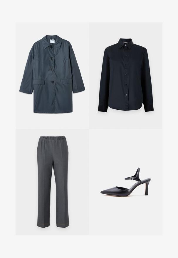 Manteau léger gris foncé avec un col, quatre boutons sur le devant et des poches latérales. Tissu doux et coupe décontractée avec épaules tombantes.; Chemise noire à manches longues avec boutons, col pointu et ourlet légèrement arrondi, présentée sur un fond gris clair uni.; Pantalon droit gris foncé avec taille élastique et plis avant, présenté sur un fond blanc.; Escarpin noir à bout pointu avec fine bride à la cheville et boucle argentée, finition en cuir lisse, chaussure élégante pour femme.
