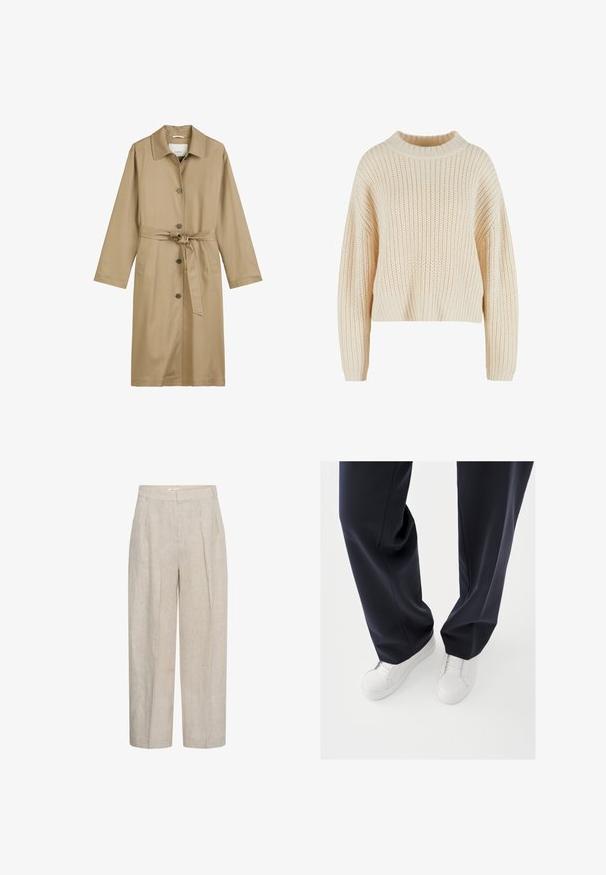 Tan trenchcoat met een kraag, opvallende knopen aan de voorkant en een strikceintuur in de taille. Heeft lange mouwen en twee zijzakken.; Crèmekleurige gebreide trui met een hoge geribde kraag, brede mouwen en een textuurpatroon over het gehele kledingstuk. Verkorte stijl met een geribde zoom.; Beige high-waist wijde broek met plooien aan de voorkant en riemlussen, gemaakt van een gestructureerde linnenstof.; Witte sneakers met gestructureerde rubberen zolen en platte veters, gecombineerd met donkerblauwe broeken die een losse, soepele stof en een getailleerde pasvorm laten zien.