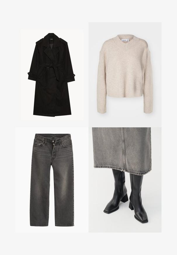 Manteau noir, en tissu mélangé de laine, design croisé, revers larges, taille ceinturée, épaulettes et poignets boutonnés.; Weekday REESE V NECK - Pullover - light mole; Jeans en denim noir avec une coupe droite, taille haute et braguette à boutons. Présente un léger effet délavé et des coutures contrastantes.; Bottes noires montantes en cuir lisse avec un bout carré et un talon bloc. Portées avec une jupe en denim grise à l'ourlet effiloché.