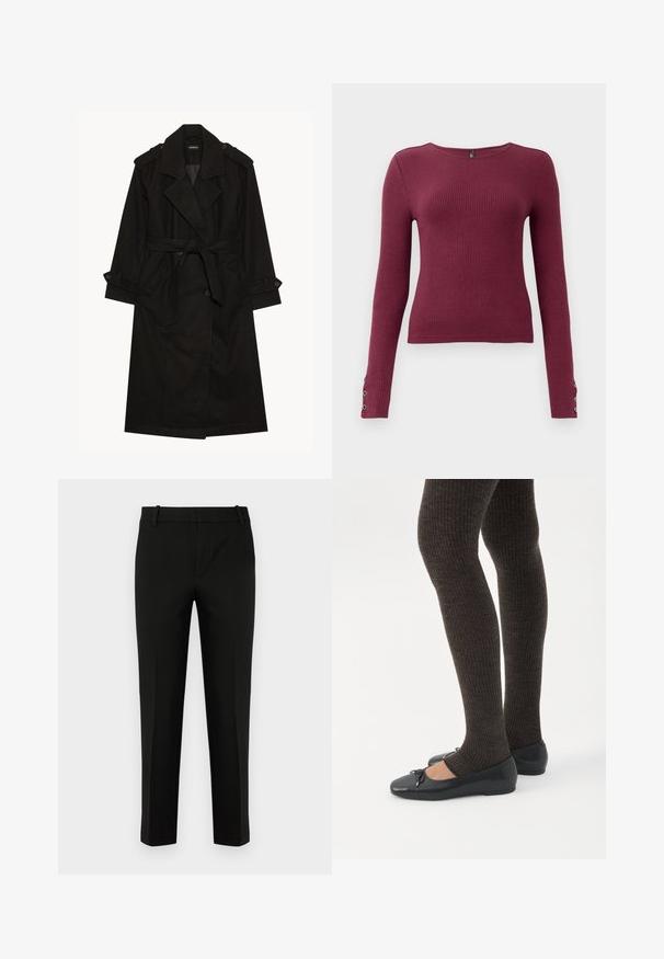 Manteau noir, en tissu mélangé de laine, design croisé, revers larges, taille ceinturée, épaulettes et poignets boutonnés.; Pull en maille côtelée à manches longues bordeaux avec un col rond et des accents de boutons sur les poignets. Fabriqué dans un matériau en tricot texturé.; Pantalons noirs à coupe slim, avec un devant plat, des poches latérales et une texture lisse. Conçus avec une taille mi-haute et des jambes fuselées.; Jambes portant des leggings côtelés foncés associés à des ballerines noires avec de petits détails en nœud sur fond blanc.
