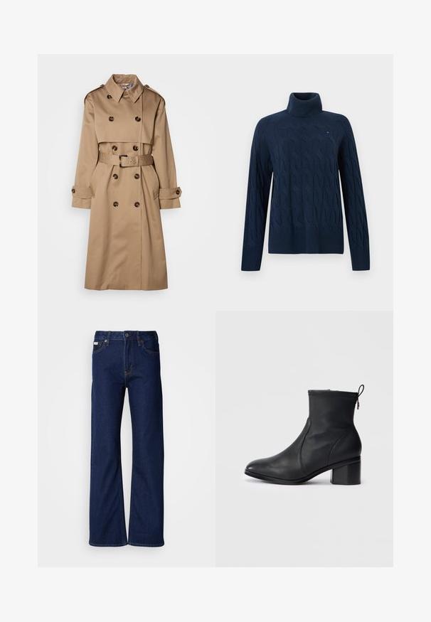 Beige Trenchcoat aus glattem Stoff, mit einem doppelt knöpfbaren Design, großen Knöpfen und einem passenden Gürtel in der Taille.; Dunkelblauer Zopfmuster-Rollkragenpullover mit langen Ärmeln sowie gerippten Bündchen und Saum auf einem einfarbigen Hintergrund.; Dunkelblaue Jeans aus Denim mit weitem Bein, geradem Schnitt, fünf Taschen und einem Reißverschluss vorne. Nähte mit Detail entlang der Kanten.; Schwarze Leder-Stiefelette mit einem eleganten Design, abgerundetem Zehenbereich, strukturiertem Stich an der Oberseite und einem Blockabsatz. Verfügt über einen Reißverschluss und eine Zuglasche.