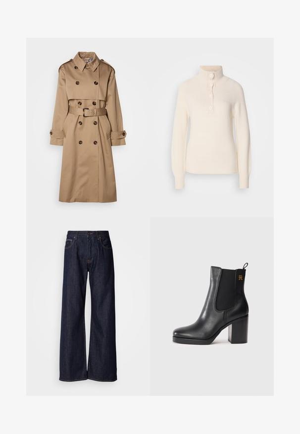 Beige Trenchcoat aus glattem Stoff, mit einem doppelt knöpfbaren Design, großen Knöpfen und einem passenden Gürtel in der Taille.; Cremfarbener Pullover mit hohem Kragen, der eine Knopfleiste mit vier Knöpfen sowie gerippte Bündchen und Saum aufweist. Hergestellt aus weichem, strukturiertem Stoff.; Weite dunkelblaue Jeans mit hoher Taille, vorderen Taschen und subtilen Nähdetails. Glatte Textur mit klassischem Schnitt.; Schwarze Leder-Ankle Boots mit Blockabsatz, elastischem Seitenpanel, Zuglasche und kleinem goldenen Logo an der Oberseite.